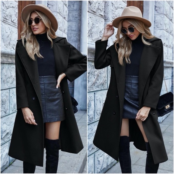 Black wide collar double button trench coat. Size SMALL - Picture 3 of 14